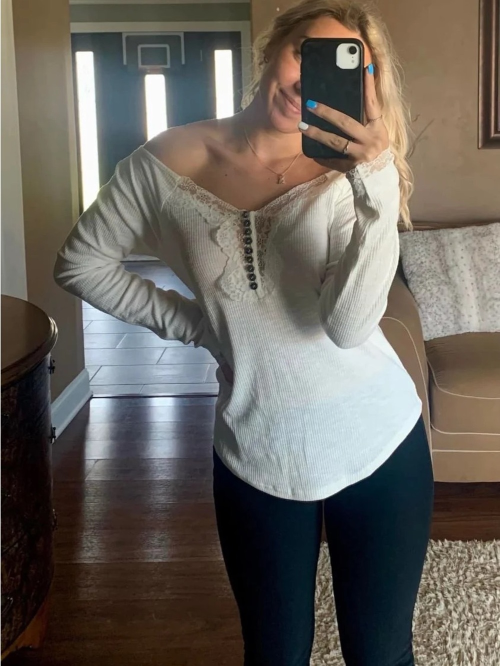 Women’s Lace-Trim Henley Thermal Top - White